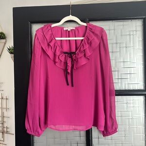 Loft long sleeve pink blouse with black ribbon bow, size Small